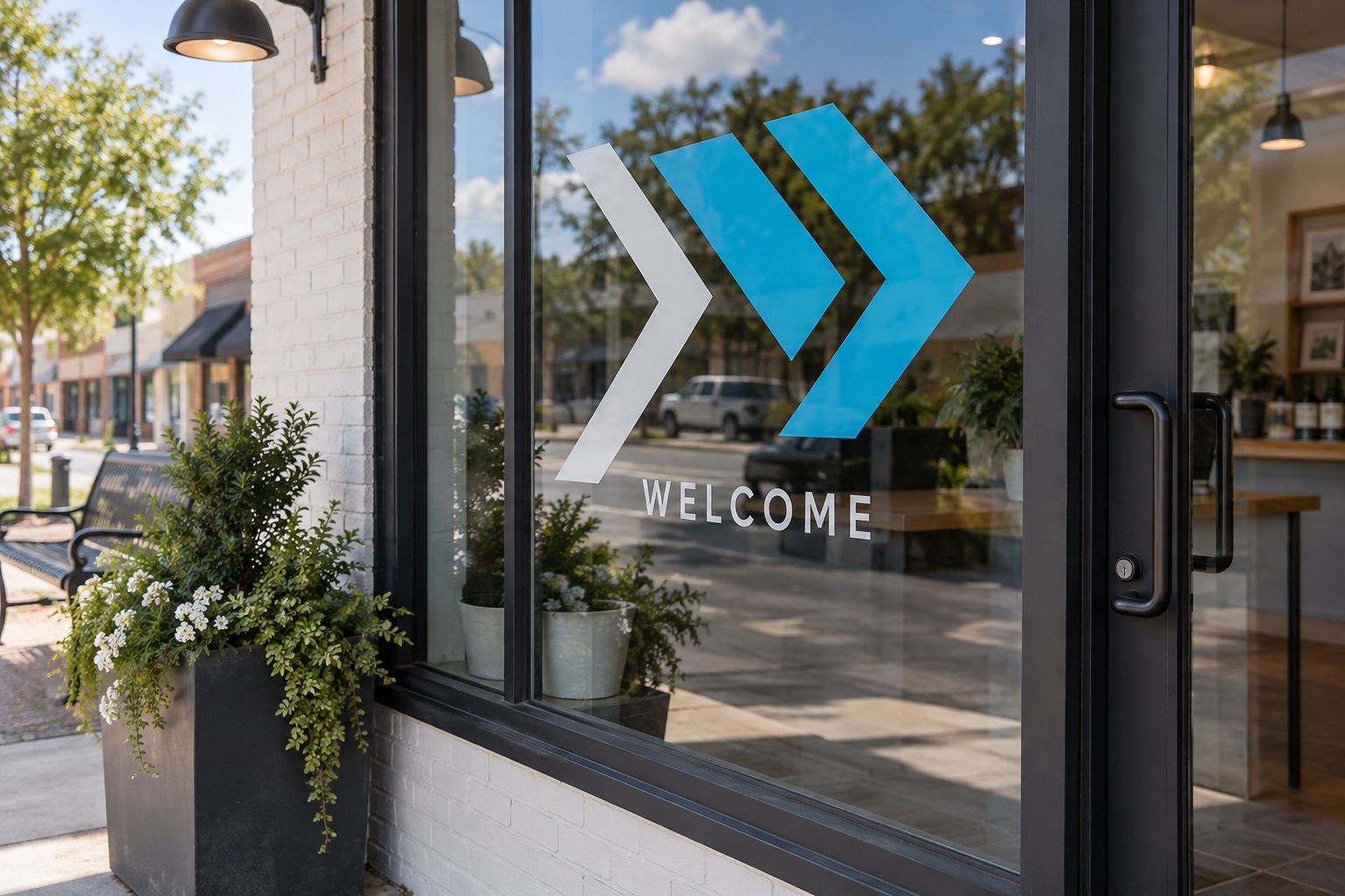 Illustrative storefront window graphics